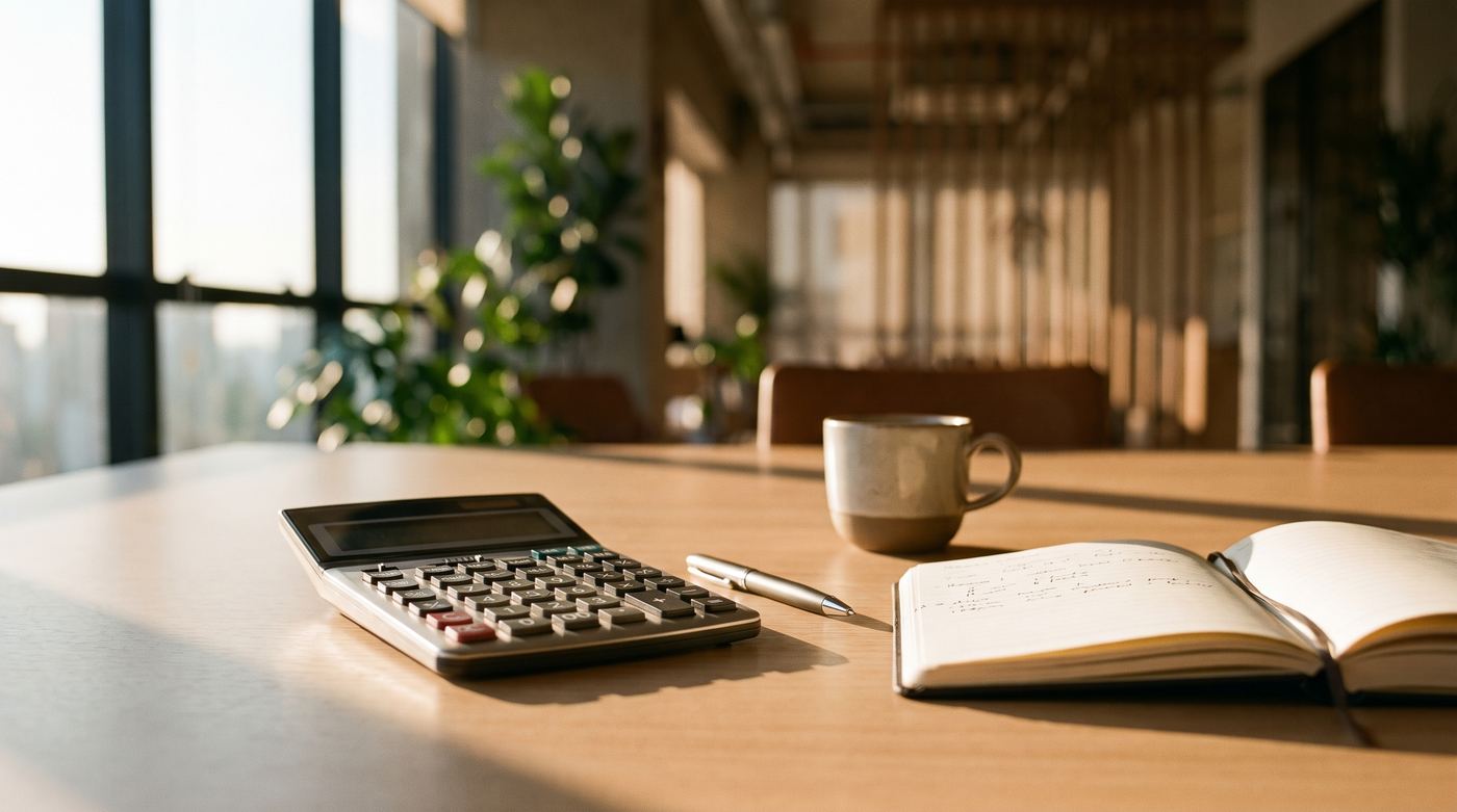 Calculadora, caderno aberto com anotações e uma xícara de café sobre uma mesa de madeira clara em um escritório moderno com luz natural