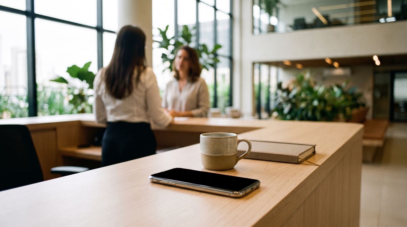 Celular esquecido sobre um balcão de madeira clara enquanto duas mulheres conversam ao fundo em um escritório bonito