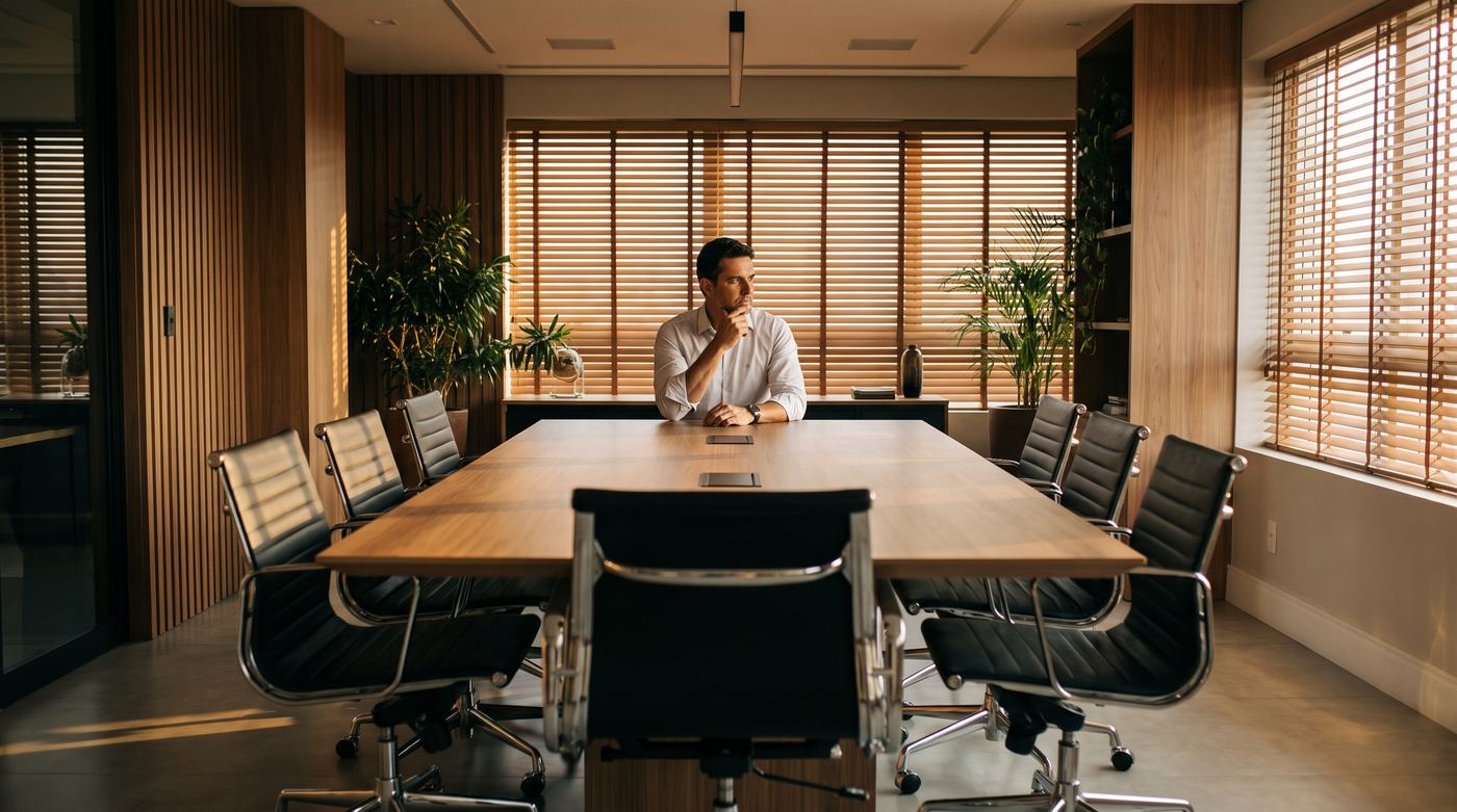 Empresário sentado sozinho na cabeceira de uma mesa de reunião elegante no fim do dia, pensativo, com luz quente entrando pela persiana