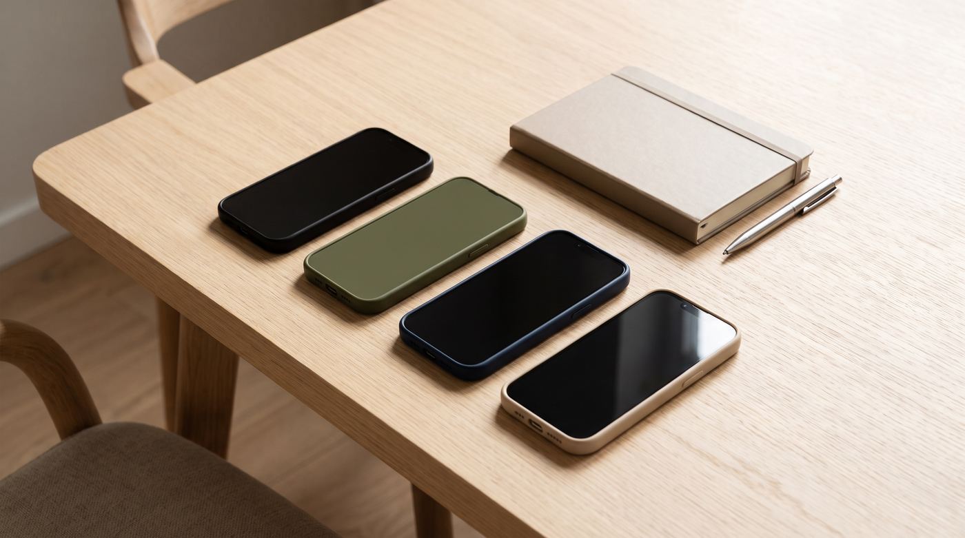 Quatro celulares modernos com capinhas de cores diferentes dispostos sobre uma mesa de madeira clara, ao lado de um caderno fechado e uma caneta