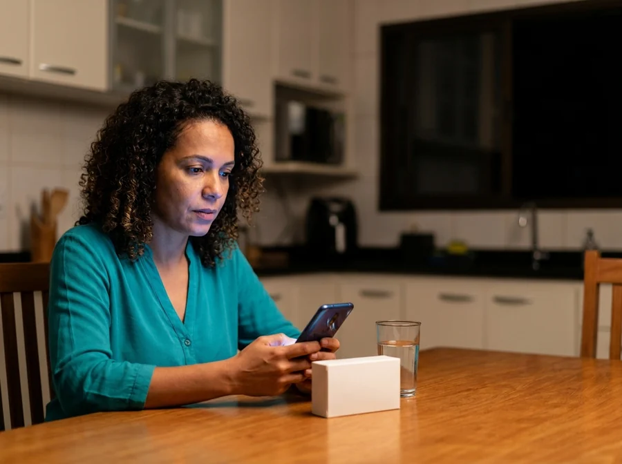 Cliente em casa, à noite, esperando resposta no celular ao lado de uma caixa de remédio