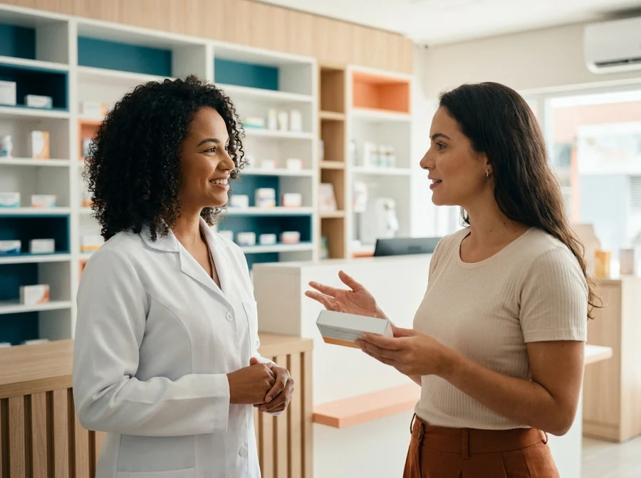 Farmacêutica ouvindo a cliente descrever o produto que procura, no balcão