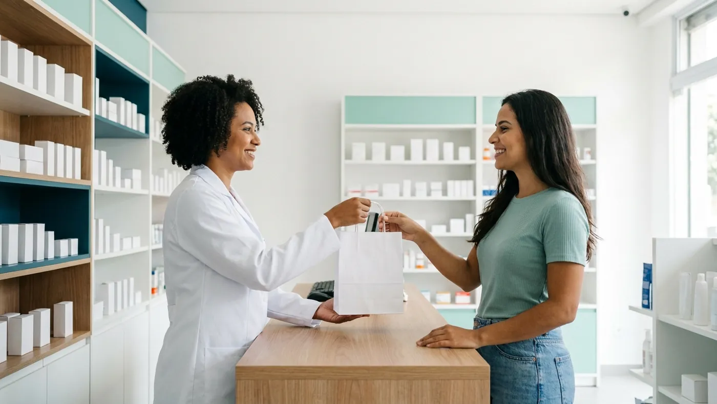 Farmacêutico entregando a sacola e orientando a cliente no balcão