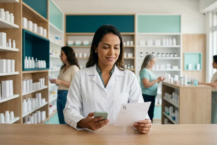 Farmacêutica conferindo uma receita em papel no balcão, com o celular na outra mão