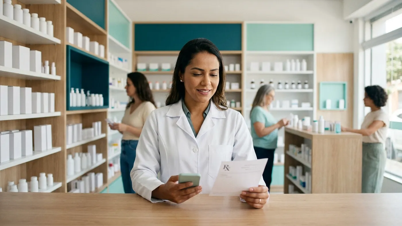 Farmacêutica de jaleco branco conferindo uma receita em papel no balcão, com o celular na outra mão