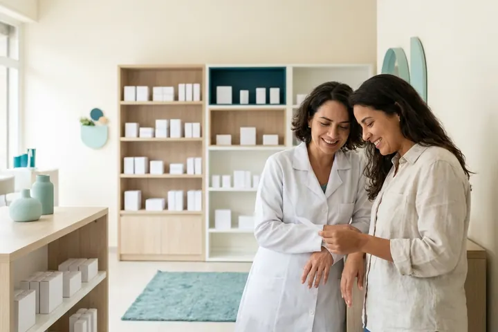 Farmacêutica conversando reservadamente com uma cliente num canto discreto da farmácia, longe do balcão