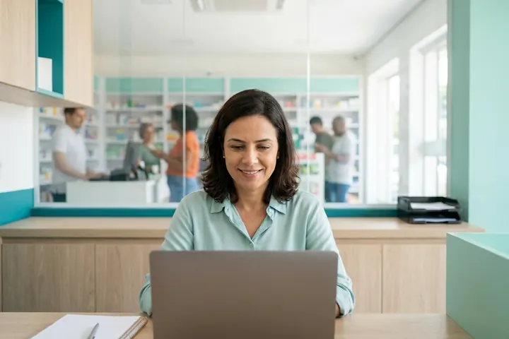 Dona de rede de farmácias olhando números no notebook, com o salão da loja ao fundo