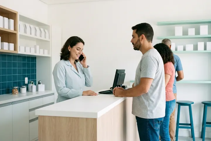 Atendente de farmácia de jaleco claro respondendo no celular atrás do balcão enquanto clientes esperam na fila