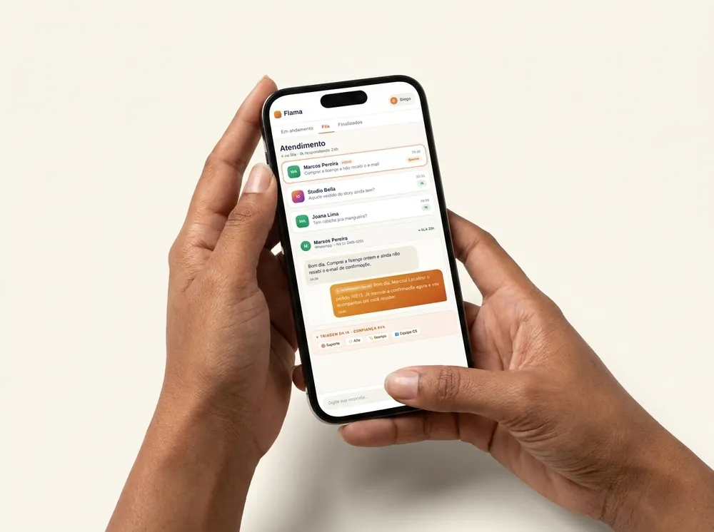 Duas mãos segurando um celular com a fila de atendimento do FLAMA aberta na tela