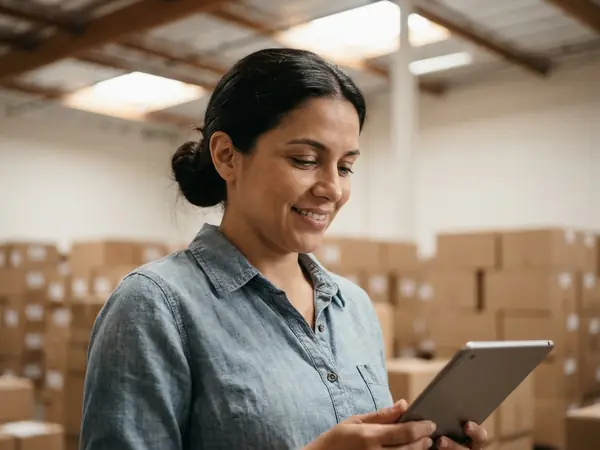 Gestora de distribuidora conferindo pedidos no tablet dentro do galpão