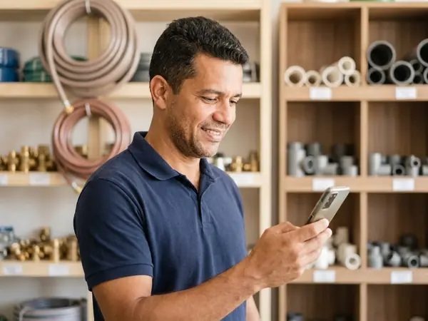 Dono de loja de materiais de construção olhando o celular entre as prateleiras de conexões