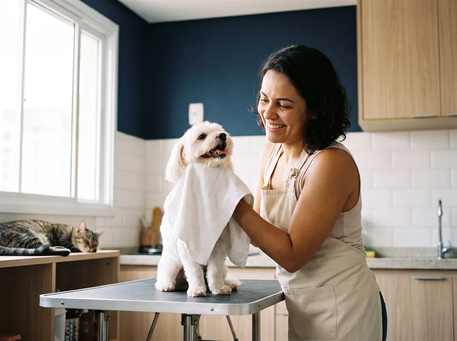 Tosadora sorrindo enquanto enxuga um cachorro pequeno na mesa de banho e tosa