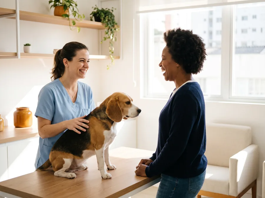 Veterinária e tutora conversando ao lado de um beagle na mesa de atendimento